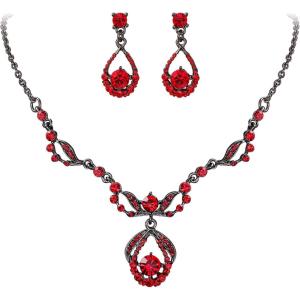 imageBriLove Wedding Jewelry Sets for Brides Rhinestone Beaded Pendant Neckalce Dangle Earrings04Ruby Color BlackTone