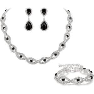 imageBriLove Wedding Jewelry Sets for Brides Rhinestone Crystal Infinity Choker Necklace Link Bracelet Marquise Dangle Earrings Black SilverTone