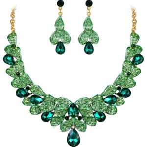 imageBriLove Womens Bridal Jewelry Set for Weddings Rhinestone Beaded Layer Teardrop Cluster Crystal Statement Necklace Dangle Earrings04Emerald Color GoldToned