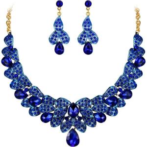 imageBriLove Womens Bridal Jewelry Set for Weddings Rhinestone Beaded Layer Teardrop Cluster Crystal Statement Necklace Dangle Earrings05Bule GoldToned