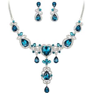 imageBriLove Womens Jewelry Set Crystal Heart Rhinestones Teardrop Cluster Statement Necklace Dangle Earrings for Wedding Prom
