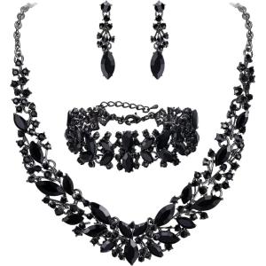 imageBriLove Womens Wedding Bridal Austrian Crystal Marquise Cluster Collar Necklace Dangle Earrings Set3PcsBlack