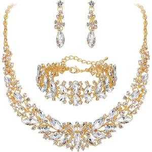 imageBriLove Womens Wedding Bridal Austrian Crystal Marquise Cluster Collar Necklace Dangle Earrings Set3PcsClear GoldTone