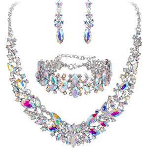 imageBriLove Womens Wedding Bridal Austrian Crystal Marquise Cluster Collar Necklace Dangle Earrings Set3PcsIridescent Clear AB