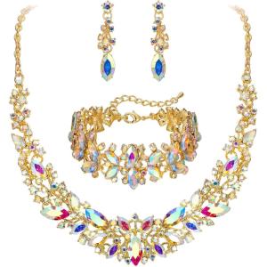 imageBriLove Womens Wedding Bridal Austrian Crystal Marquise Cluster Collar Necklace Dangle Earrings Set3PcsIridescent Clear AB GoldTone