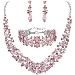 imageBriLove Womens Wedding Bridal Austrian Crystal Marquise Cluster Collar Necklace Dangle Earrings Set3PcsPink