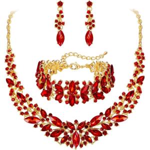 imageBriLove Womens Wedding Bridal Austrian Crystal Marquise Cluster Collar Necklace Dangle Earrings Set3PcsRuby Color