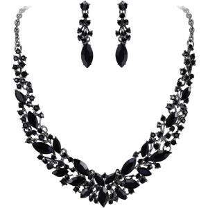 imageBriLove Womens Wedding Bridal Austrian Crystal Marquise Cluster Collar Necklace Dangle Earrings SetBlack BlackTone