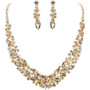imageBriLove Womens Wedding Bridal Austrian Crystal Marquise Cluster Collar Necklace Dangle Earrings SetChampagne GoldTone