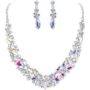 imageBriLove Womens Wedding Bridal Austrian Crystal Marquise Cluster Collar Necklace Dangle Earrings SetClear AB SilverTone