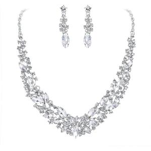 imageBriLove Womens Wedding Bridal Austrian Crystal Marquise Cluster Collar Necklace Dangle Earrings SetClear SilverTone