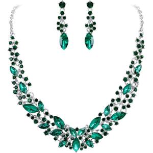 imageBriLove Womens Wedding Bridal Austrian Crystal Marquise Cluster Collar Necklace Dangle Earrings SetEmerald Color SilverTone