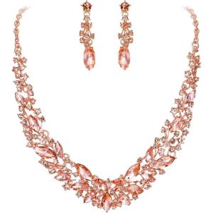 imageBriLove Womens Wedding Bridal Austrian Crystal Marquise Cluster Collar Necklace Dangle Earrings SetPeach RoseGoldTone