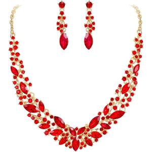 imageBriLove Womens Wedding Bridal Austrian Crystal Marquise Cluster Collar Necklace Dangle Earrings SetRuby Color GoldTone