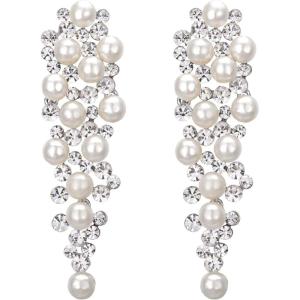 imageBriLove Womens Wedding Bridal Crystal Simulated Pearl Multi Beaded Cluster Chandelier Dangle EarringsSilverTone