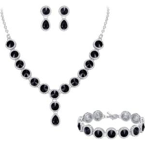 imageBriLove Womens Wedding Bridal Round Teardrop Crystal Necklace Sparkle Halo Bracelet Pierced Dangle Earrings Jewelry SetBlack SilverTone