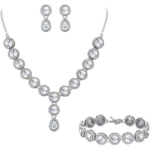 imageBriLove Womens Wedding Bridal Round Teardrop Crystal Necklace Sparkle Halo Bracelet Pierced Dangle Earrings Jewelry SetClear SilverTone