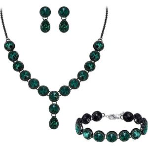 imageBriLove Womens Wedding Bridal Round Teardrop Crystal Necklace Sparkle Halo Bracelet Pierced Dangle Earrings Jewelry SetEmerald Color BlackTone
