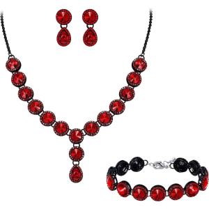 imageBriLove Womens Wedding Bridal Round Teardrop Crystal Necklace Sparkle Halo Bracelet Pierced Dangle Earrings Jewelry SetRuby Color BlackTone