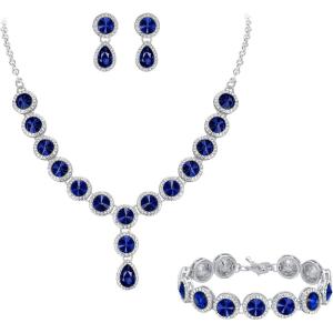 imageBriLove Womens Wedding Bridal Round Teardrop Crystal Necklace Sparkle Halo Bracelet Pierced Dangle Earrings Jewelry SetSapphire Color SilverTone
