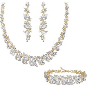 imageBriLove Womens Wedding Cluster Leaf Crystal Jewelry Set Collar Bib Necklace Sparkle Bracelet Leaves Dangle Earrings for Bride BridesmaidClear GoldTone