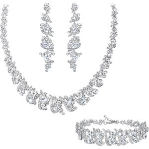 imageBriLove Womens Wedding Cluster Leaf Crystal Jewelry Set Collar Bib Necklace Sparkle Bracelet Leaves Dangle Earrings for Bride BridesmaidClear SilverTone