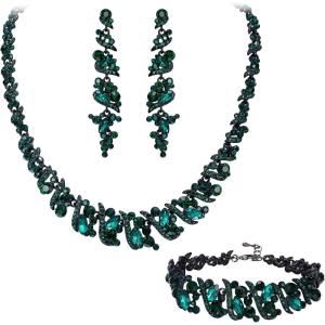imageBriLove Womens Wedding Cluster Leaf Crystal Jewelry Set Collar Bib Necklace Sparkle Bracelet Leaves Dangle Earrings for Bride BridesmaidEmerald Color BlackTone