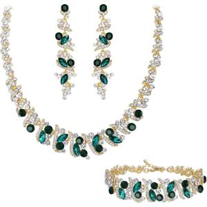 imageBriLove Womens Wedding Cluster Leaf Crystal Jewelry Set Collar Bib Necklace Sparkle Bracelet Leaves Dangle Earrings for Bride BridesmaidEmerald Color GoldTone