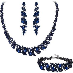 imageBriLove Womens Wedding Cluster Leaf Crystal Jewelry Set Collar Bib Necklace Sparkle Bracelet Leaves Dangle Earrings for Bride BridesmaidNavy Blue BlackTone