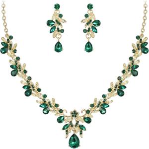 imageBriLove Womens Wedding Jewelery Set Leaf Flower Crystal Teardrop Marquise Cluster Pendant Necklace Dangle Earrings for Bridal Party01Emerald Color GoldTone
