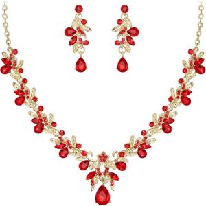 imageBriLove Womens Wedding Jewelery Set Leaf Flower Crystal Teardrop Marquise Cluster Pendant Necklace Dangle Earrings for Bridal Party02Ruby Color GoldTone