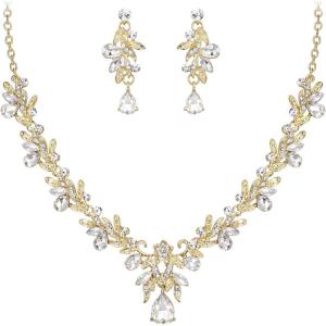 imageBriLove Womens Wedding Jewelery Set Leaf Flower Crystal Teardrop Marquise Cluster Pendant Necklace Dangle Earrings for Bridal Party03Clear GoldTone