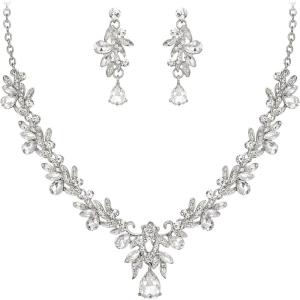 imageBriLove Womens Wedding Jewelery Set Leaf Flower Crystal Teardrop Marquise Cluster Pendant Necklace Dangle Earrings for Bridal Party04Clear SilverTone