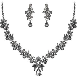 imageBriLove Womens Wedding Jewelery Set Leaf Flower Crystal Teardrop Marquise Cluster Pendant Necklace Dangle Earrings for Bridal Party05Grey BlackTone