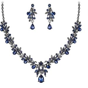 imageBriLove Womens Wedding Jewelery Set Leaf Flower Crystal Teardrop Marquise Cluster Pendant Necklace Dangle Earrings for Bridal Party06Sapphire Color BlackTone
