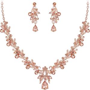 imageBriLove Womens Wedding Jewelery Set Leaf Flower Crystal Teardrop Marquise Cluster Pendant Necklace Dangle Earrings for Bridal Party07Peach RoseGoldTone
