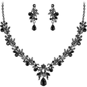 imageBriLove Womens Wedding Jewelery Set Leaf Flower Crystal Teardrop Marquise Cluster Pendant Necklace Dangle Earrings for Bridal PartyBlack BlackTone