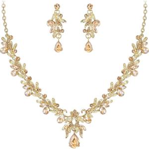 imageBriLove Womens Wedding Jewelery Set Leaf Flower Crystal Teardrop Marquise Cluster Pendant Necklace Dangle Earrings for Bridal PartyChampagne GoldTone
