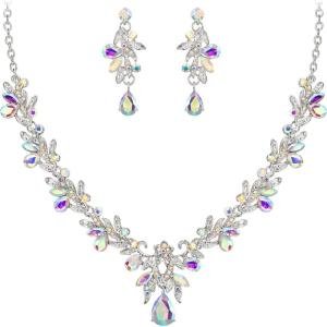 imageBriLove Womens Wedding Jewelery Set Leaf Flower Crystal Teardrop Marquise Cluster Pendant Necklace Dangle Earrings for Bridal PartyIridescent AB SilverTone