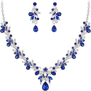 imageBriLove Womens Wedding Jewelery Set Leaf Flower Crystal Teardrop Marquise Cluster Pendant Necklace Dangle Earrings for Bridal PartyRoyal Blue SilverTone