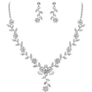 imageBriLove Womens Wedding Jewelry Leaf Cluster Flower Crystal Dangle Earrings Pendant Necklace Set for Bridal01Clear SilverTone