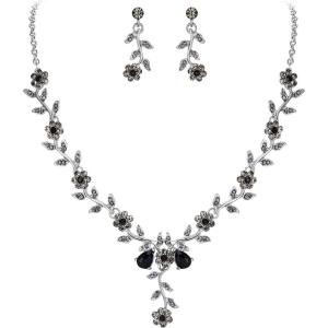 imageBriLove Womens Wedding Jewelry Leaf Cluster Flower Crystal Dangle Earrings Pendant Necklace Set for Bridal02Black SilverTone