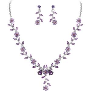 imageBriLove Womens Wedding Jewelry Leaf Cluster Flower Crystal Dangle Earrings Pendant Necklace Set for Bridal05Purple SilverTone
