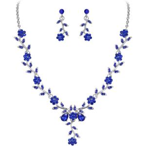 imageBriLove Womens Wedding Jewelry Leaf Cluster Flower Crystal Dangle Earrings Pendant Necklace Set for Bridal06Sapphire Color SilverTone