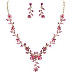 imageBriLove Womens Wedding Jewelry Leaf Cluster Flower Crystal Dangle Earrings Pendant Necklace Set for Bridal09Pink GoldTone