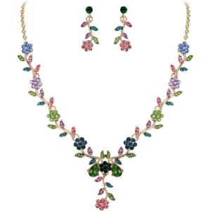 imageBriLove Womens Wedding Jewelry Leaf Cluster Flower Crystal Dangle Earrings Pendant Necklace Set for Bridal11Multi Colour GoldTone