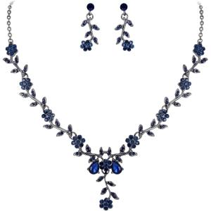 imageBriLove Womens Wedding Jewelry Leaf Cluster Flower Crystal Dangle Earrings Pendant Necklace Set for Bridal12Sapphire Color BlackTone