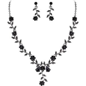imageBriLove Womens Wedding Jewelry Leaf Cluster Flower Crystal Dangle Earrings Pendant Necklace Set for Bridal13Black BlackTone