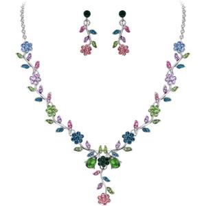 imageBriLove Womens Wedding Jewelry Leaf Cluster Flower Crystal Dangle Earrings Pendant Necklace Set for Bridal15Multi Colour SilverTone