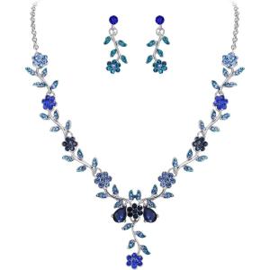 imageBriLove Womens Wedding Jewelry Leaf Cluster Flower Crystal Dangle Earrings Pendant Necklace Set for Bridal16Blue SilverTone